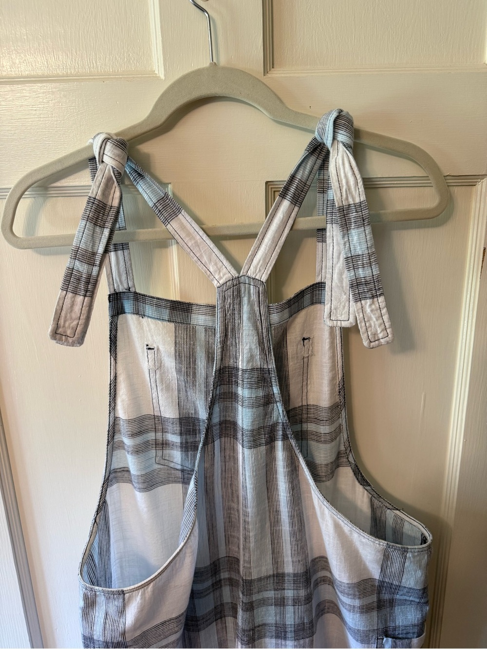 Aerie Blue & White Plaid Cotton Linen Feel Overalls - Picture 10 of 11
